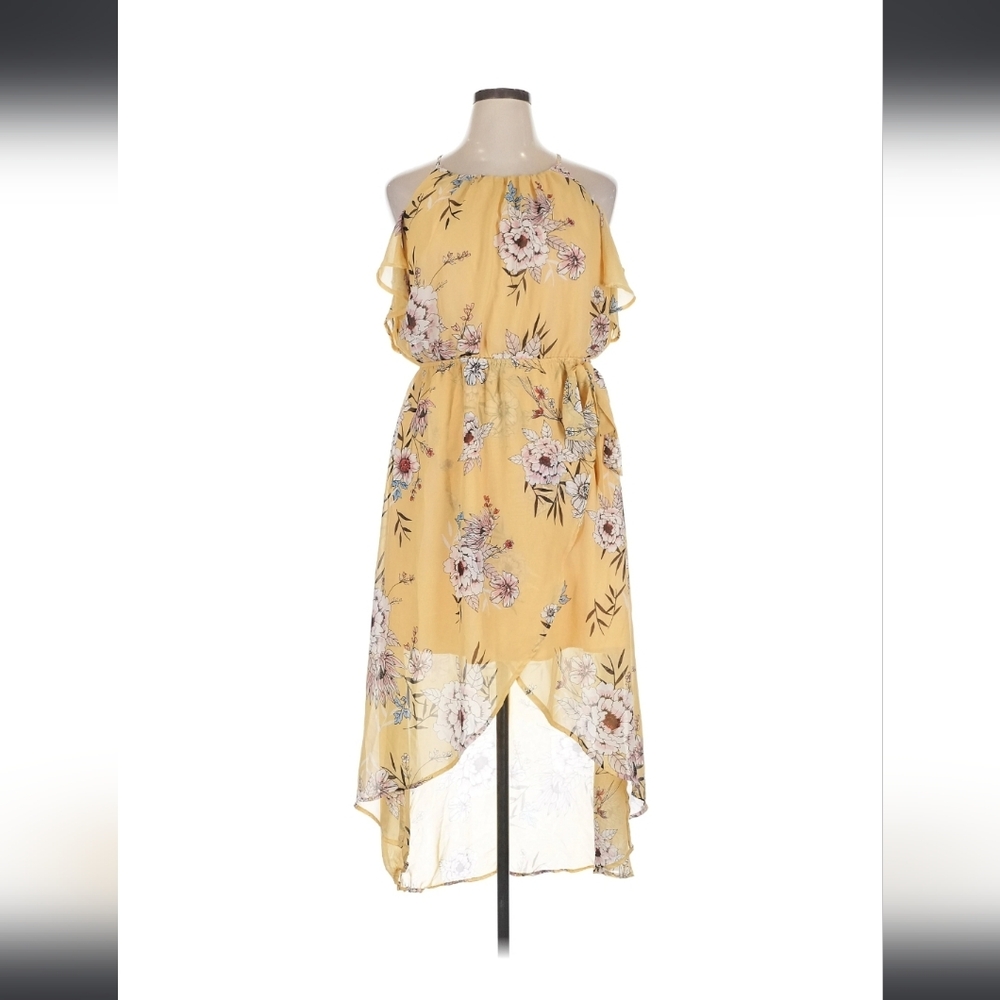 This Cold Shoulder , High Low , Sz  Large Yellow/Floral Dress Is A Summer Dream!